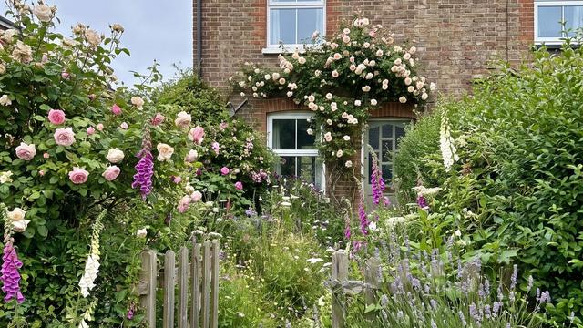 An overgrown, colourful cottage front garden bursting with roses, foxgloves and lavender in front of a small brick house