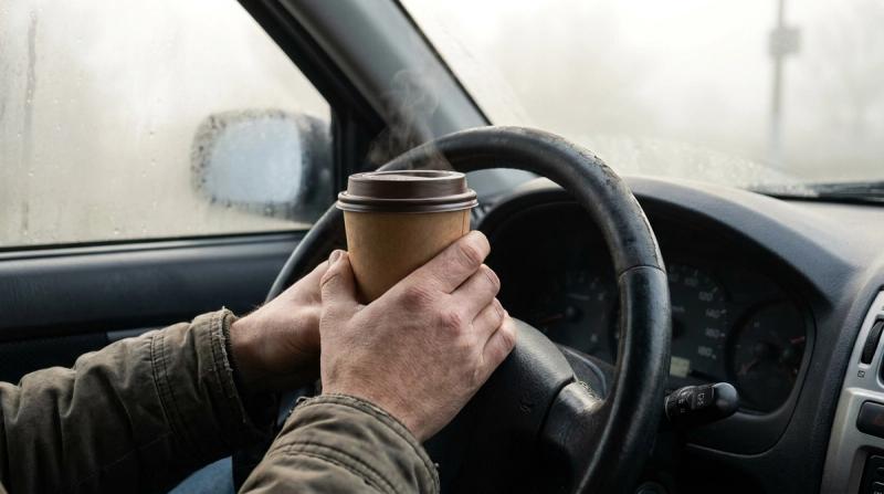 A pair of hands holding a paper coffee cup on a car steering wheel in soft morning light