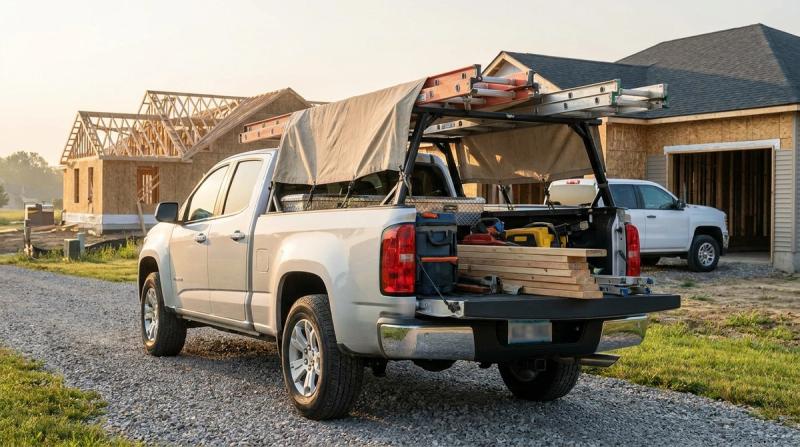 A well-kept work truck loaded with tools and lumber parked outside a job site in morning light