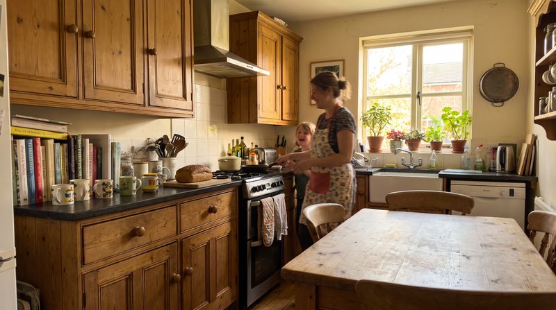A warm, lived-in family kitchen with worn cabinets and afternoon light through the window