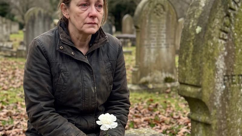 A mother sitting quietly on a stone bench in a peaceful cemetery