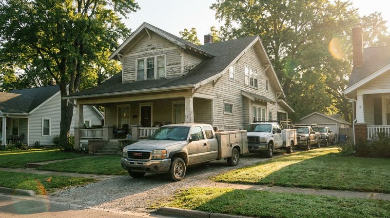Several work trucks parked along the driveway of an older two-story house in morning light