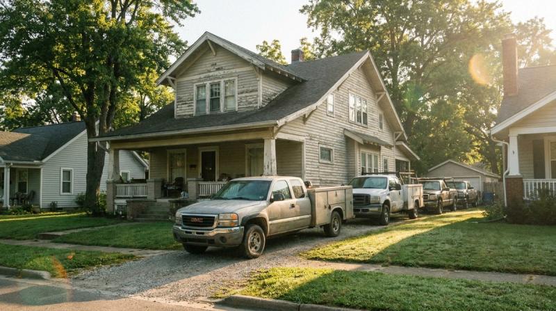Several work trucks parked along the driveway of an older two-story house in morning light
