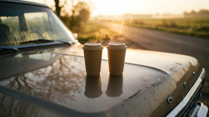 Two paper coffee cups sitting together on the hood of a car in morning sun