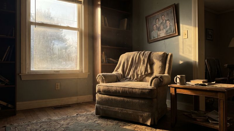 A quiet living room with a single armchair and warm morning light