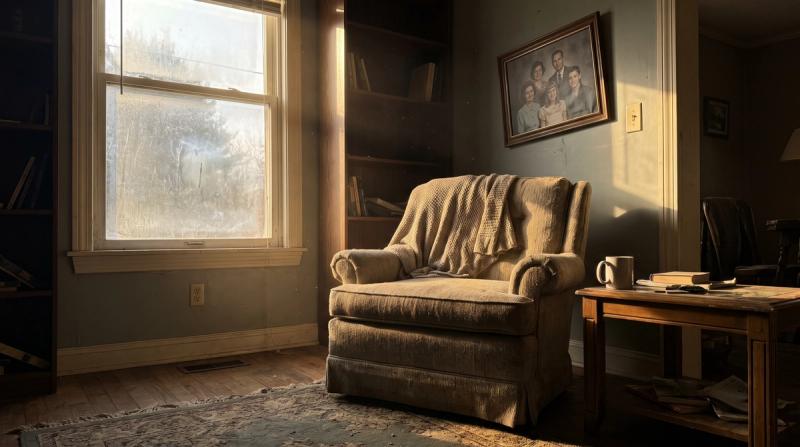 A quiet living room with a single armchair and warm morning light