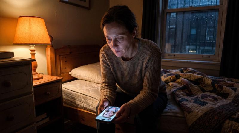 A woman looking at a phone screen showing a video call late at night