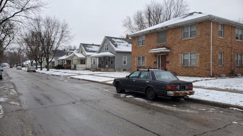 A row of modest houses and an apartment building on a residential American street with a parked car