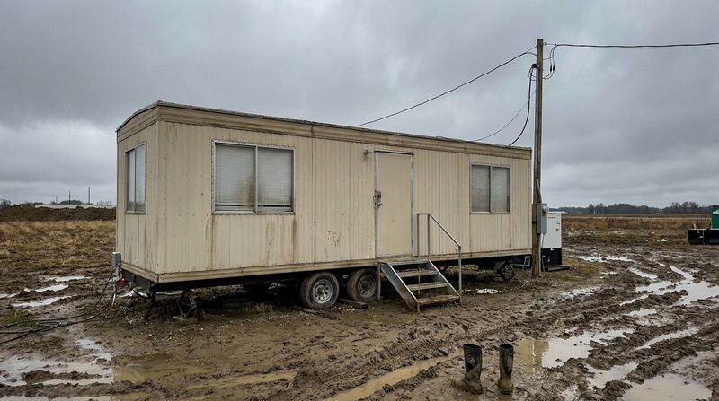 A construction site office trailer parked on a muddy lot under a gray sky, blinds drawn