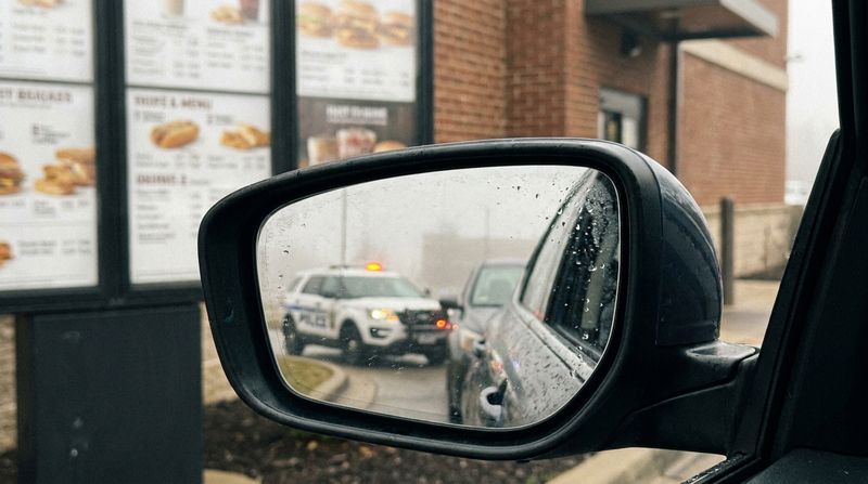 A police cruiser seen in a car's side mirror at a drive-through on a foggy morning