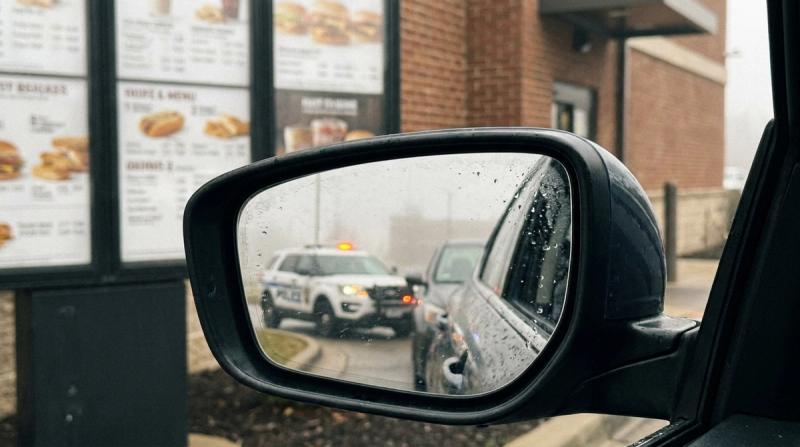 A police cruiser seen in a car's side mirror at a drive-through on a foggy morning