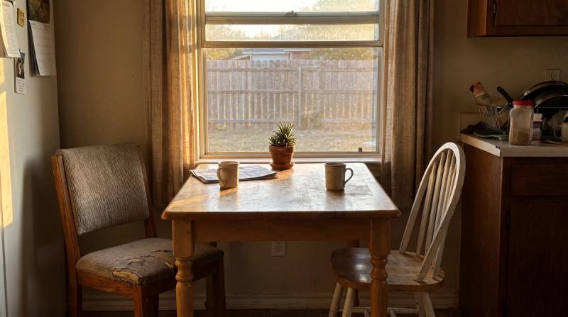 Warm morning light coming through a kitchen window over a family table