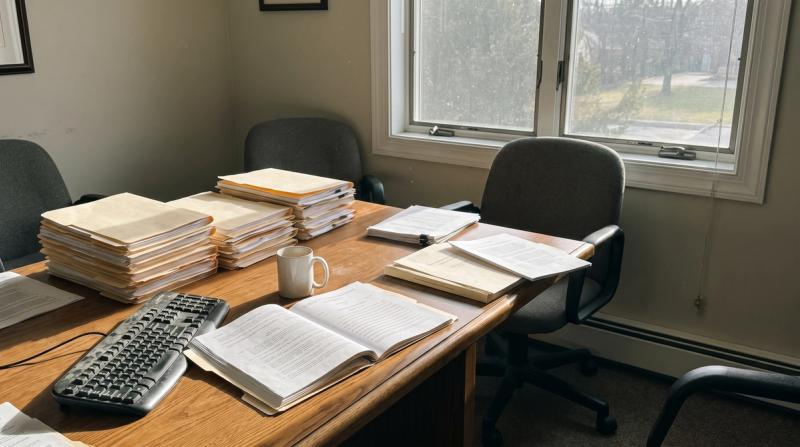 A quiet solicitor's office with documents spread across a desk