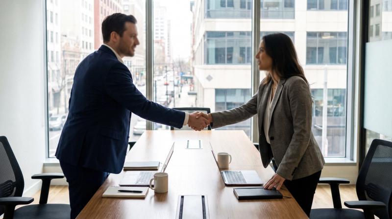 Two businesspeople shaking hands over a conference table