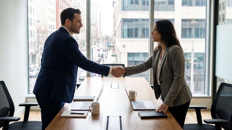 Two businesspeople shaking hands over a conference table