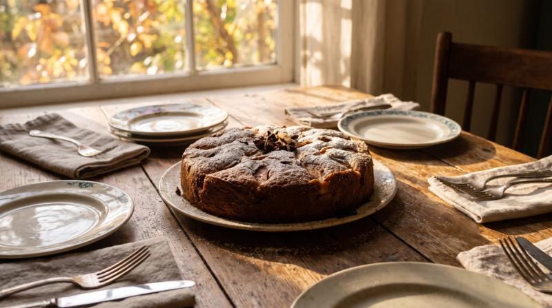 A whole spiced apple cake on a wooden family table surrounded by plates in warm autumn afternoon light