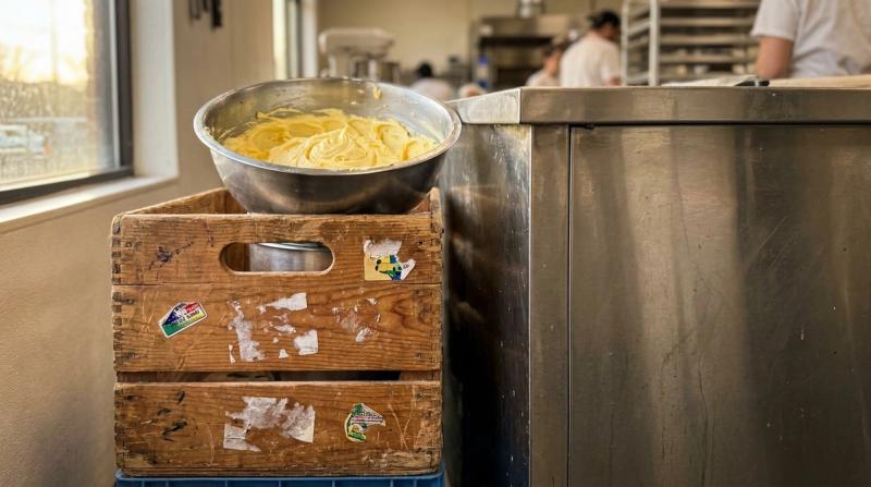 A childs milk crate pushed up against a stainless steel bakery counter, a bowl of buttercream on top