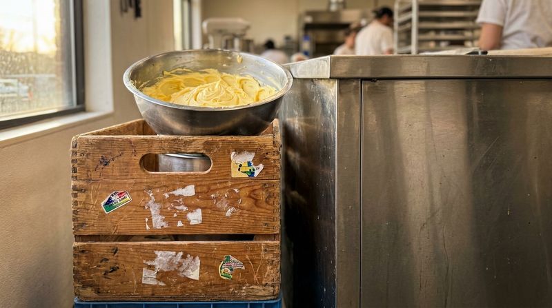 A childs milk crate pushed up against a stainless steel bakery counter, a bowl of buttercream on top