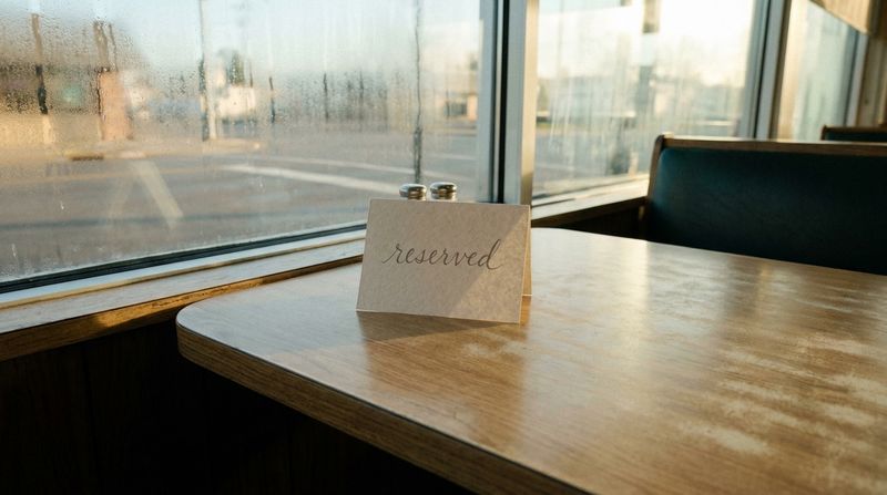 A small handwritten reserved card standing on an empty diner table by a window