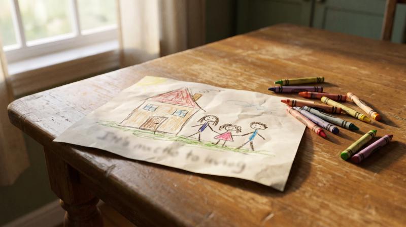 A child's crayon drawing of a house and three stick figures on a kitchen table