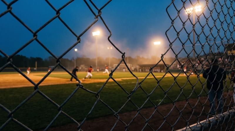 A high school baseball field at dusk with the outfield fence in the foreground