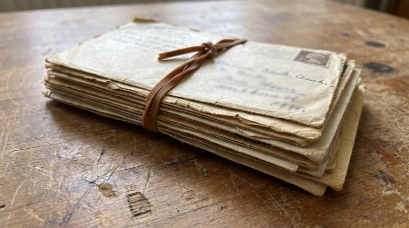 A stack of sealed birthday cards bound with an old rubber band