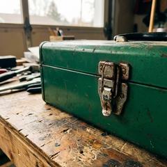 A worn green metal toolbox with a stuck latch sitting on a wooden garage workbench in warm light
