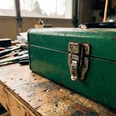 A worn green metal toolbox with a stuck latch sitting on a wooden garage workbench in warm light