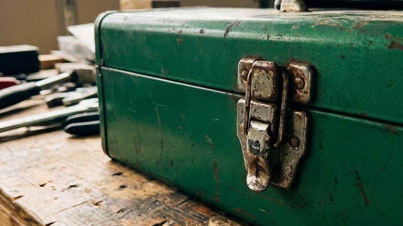 A worn green metal toolbox with a stuck latch sitting on a wooden garage workbench in warm light