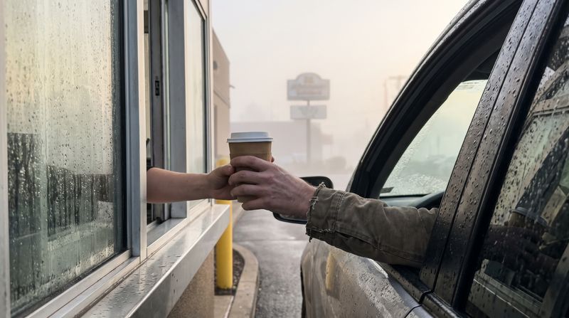 A hand reaching out of a car to a drive-through coffee window in morning light