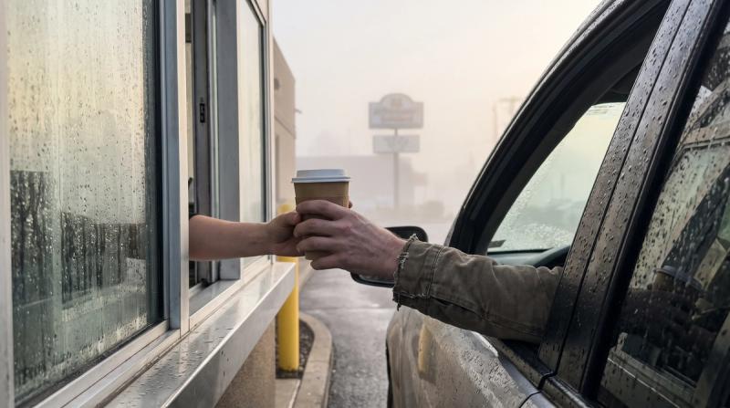 A hand reaching out of a car to a drive-through coffee window in morning light