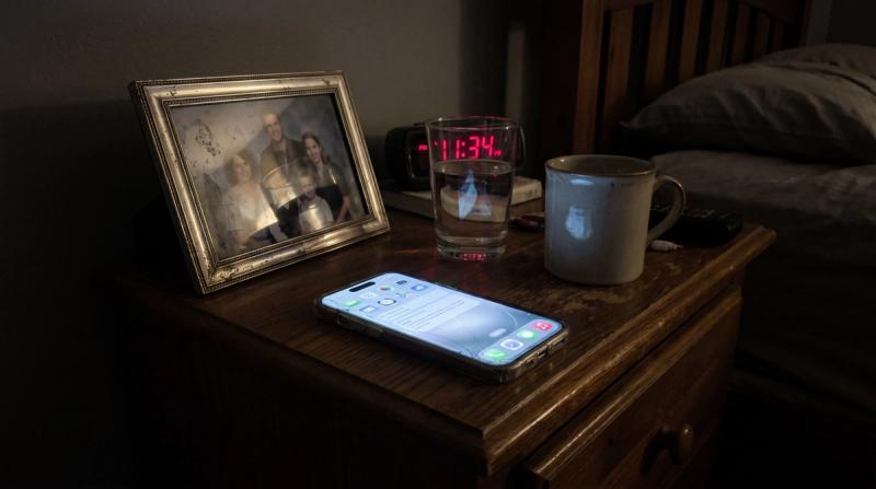 An old phone glowing on a nightstand beside a framed photo in a darkened room