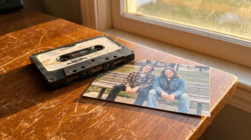 An old cassette mixtape and a faded photograph of two teenagers on a wooden table