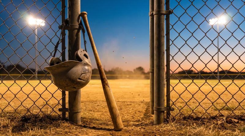 A youth batting helmet hanging on a dugout chain-link fence at dusk, a bat leaning beside it