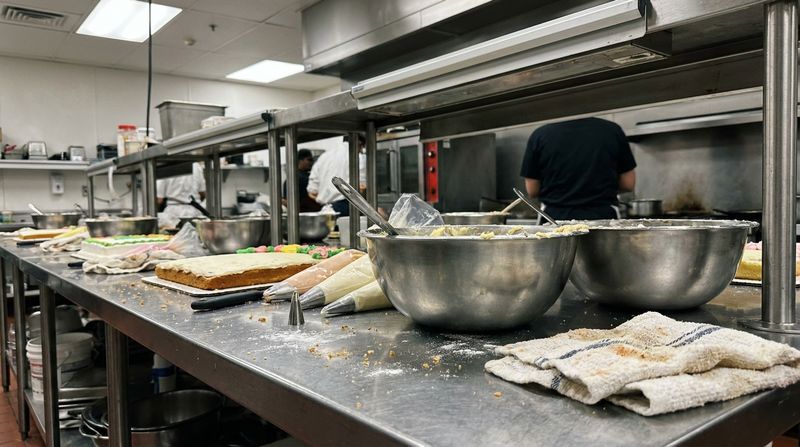 A stainless steel commercial kitchen counter with bowls, sheet cakes and piping tools laid out