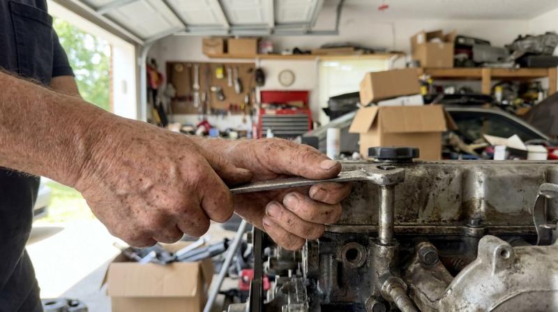 An older man's weathered hands tightening a bolt with a worn wrench in a home garage