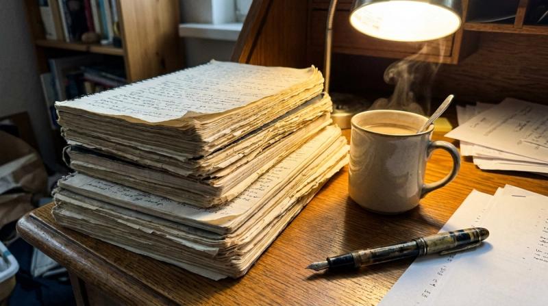 A stack of worn, filled notebooks on a writing desk beside a cup of coffee