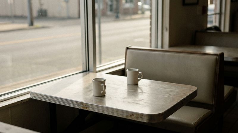 Two coffee cups sitting across from each other on an empty diner booth table by a window