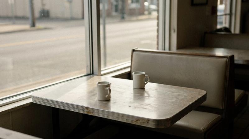 Two coffee cups sitting across from each other on an empty diner booth table by a window
