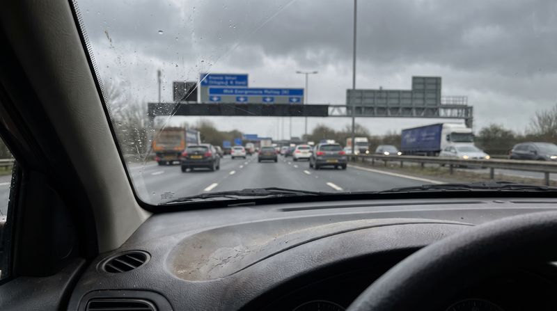 A long British motorway seen through a car windscreen in daytime