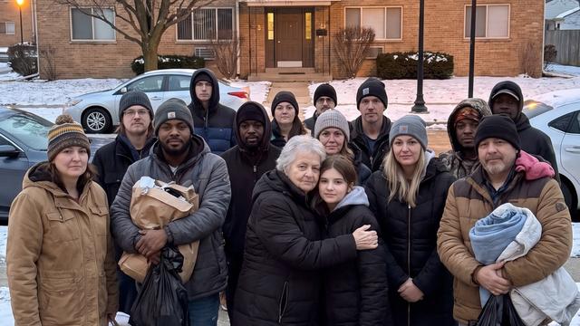 A crowd of neighbors gathering in the street outside an apartment building at dusk
