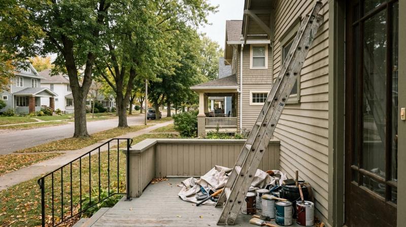 A ladder and repair materials against the side of an older two-story house on a quiet street