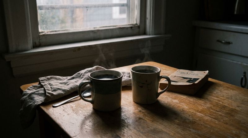 Two mugs of coffee on a kitchen table in the near dark, faint evening light through a window