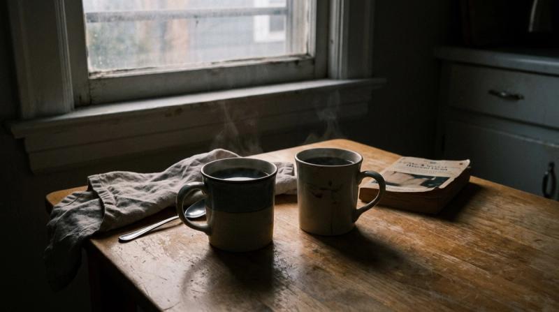 Two mugs of coffee on a kitchen table in the near dark, faint evening light through a window