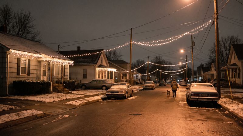 Simple Christmas lights strung along a modest street at night