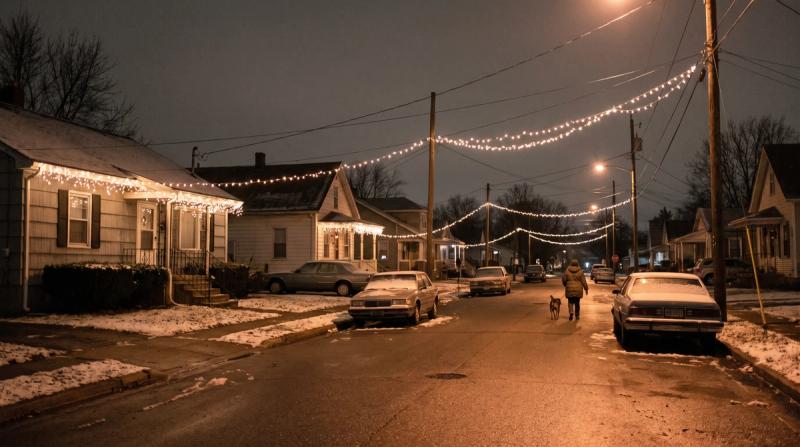Simple Christmas lights strung along a modest street at night