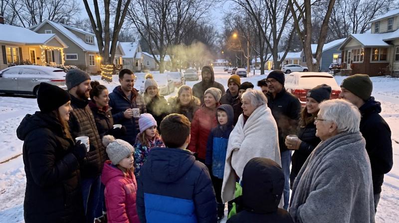 A large group of neighbors of all ages standing together in a street at dusk