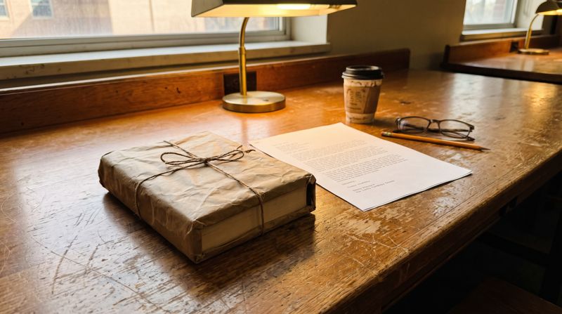 A book wrapped in brown paper and a typed letter on an old library desk