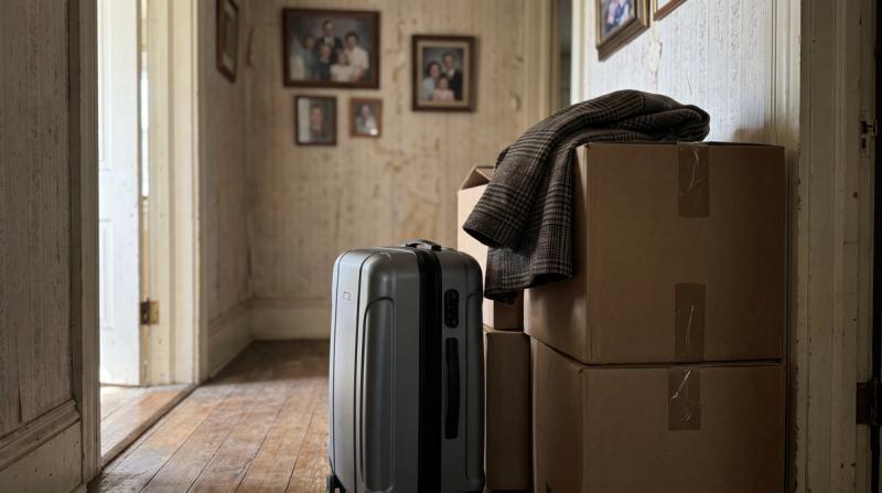 An unfamiliar suitcase and a woman's belongings sitting in the hallway of a home