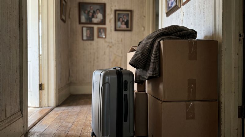 An unfamiliar suitcase and a woman's belongings sitting in the hallway of a home